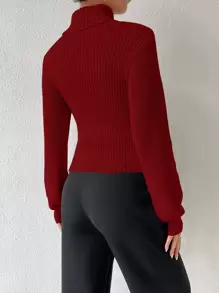 Chiquease Turtleneck Cut Out Bishop Sleeve Sweater,Long Sleeve Tops Knit Pullover Fall Winter Sweater - Burgundy - View 2