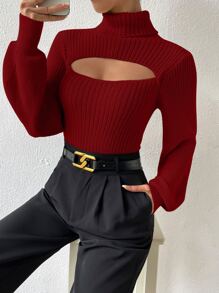 Chiquease Turtleneck Cut Out Bishop Sleeve Sweater,Long Sleeve Tops Knit Pullover Fall Winter Sweater - Burgundy - View 3
