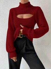 Chiquease Turtleneck Cut Out Bishop Sleeve Sweater,Long Sleeve Tops Knit Pullover Fall Winter Sweater - Burgundy - View 5