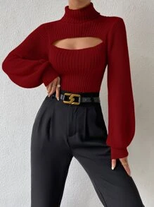 Chiquease Turtleneck Cut Out Bishop Sleeve Sweater,Long Sleeve Tops Knit Pullover Fall Winter Sweater - Burgundy - View 6