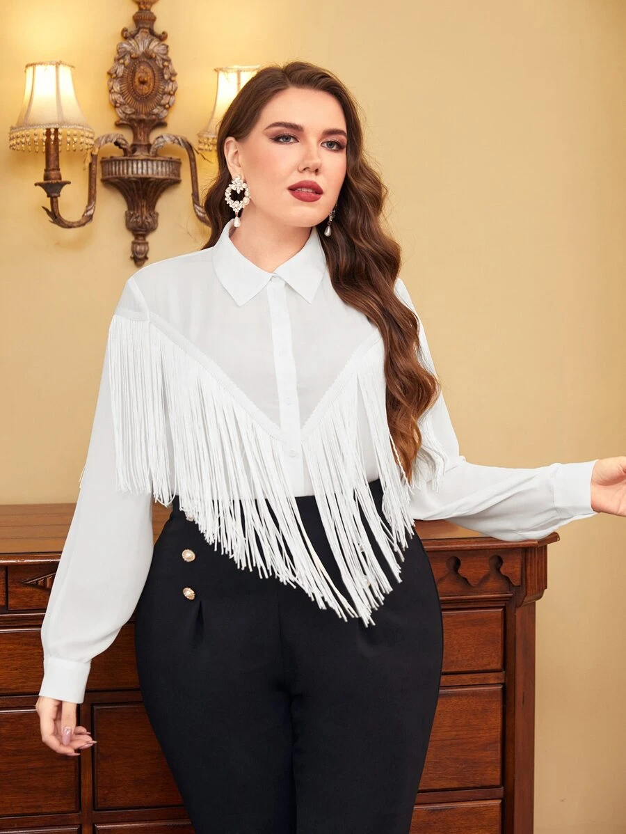 Modelyn Camisa ribete con fleco - Blanco - Ver 1