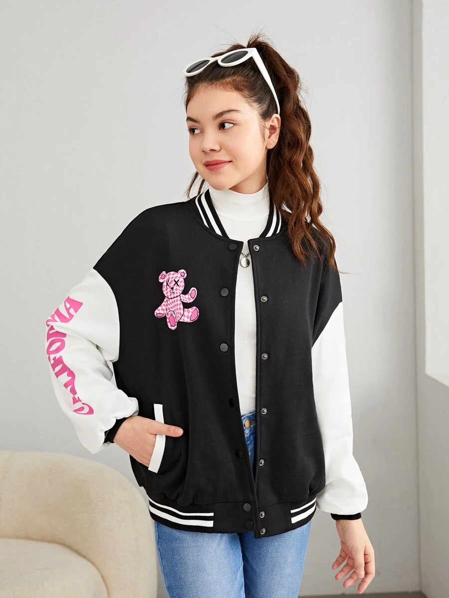 SHEIN Teen Girls Press Buttoned Letter and Cartoon Graphic Thermal Varsity Jacket
