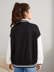 SHEIN Teen Girls Press Buttoned Letter and Cartoon Graphic Thermal Varsity Jacket