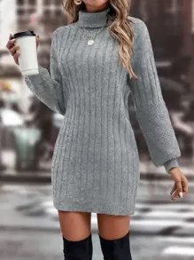 Chiquease 高領落肩袖毛衣裙不附腰帶 - 淺灰色 - 查看 6