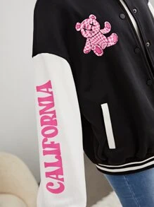 SHEIN Teen Girls Press Buttoned Letter and Cartoon Graphic Thermal Varsity Jacket