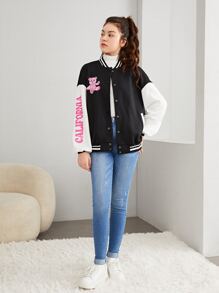 SHEIN Teen Girls Press Buttoned Letter and Cartoon Graphic Thermal Varsity Jacket