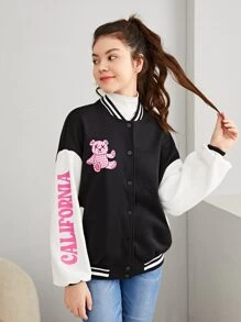 SHEIN Teen Girls Press Buttoned Letter and Cartoon Graphic Thermal Varsity Jacket