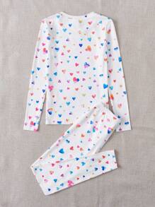 SHEIN 少女休闲针织数码印花圆领长袖睡衣套装 - 白色 - 查看 2