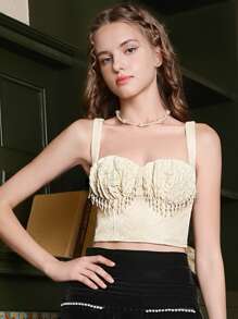 SHEIN MOD 流蘇邊吊帶短上衣 - 米色 - 查看 1