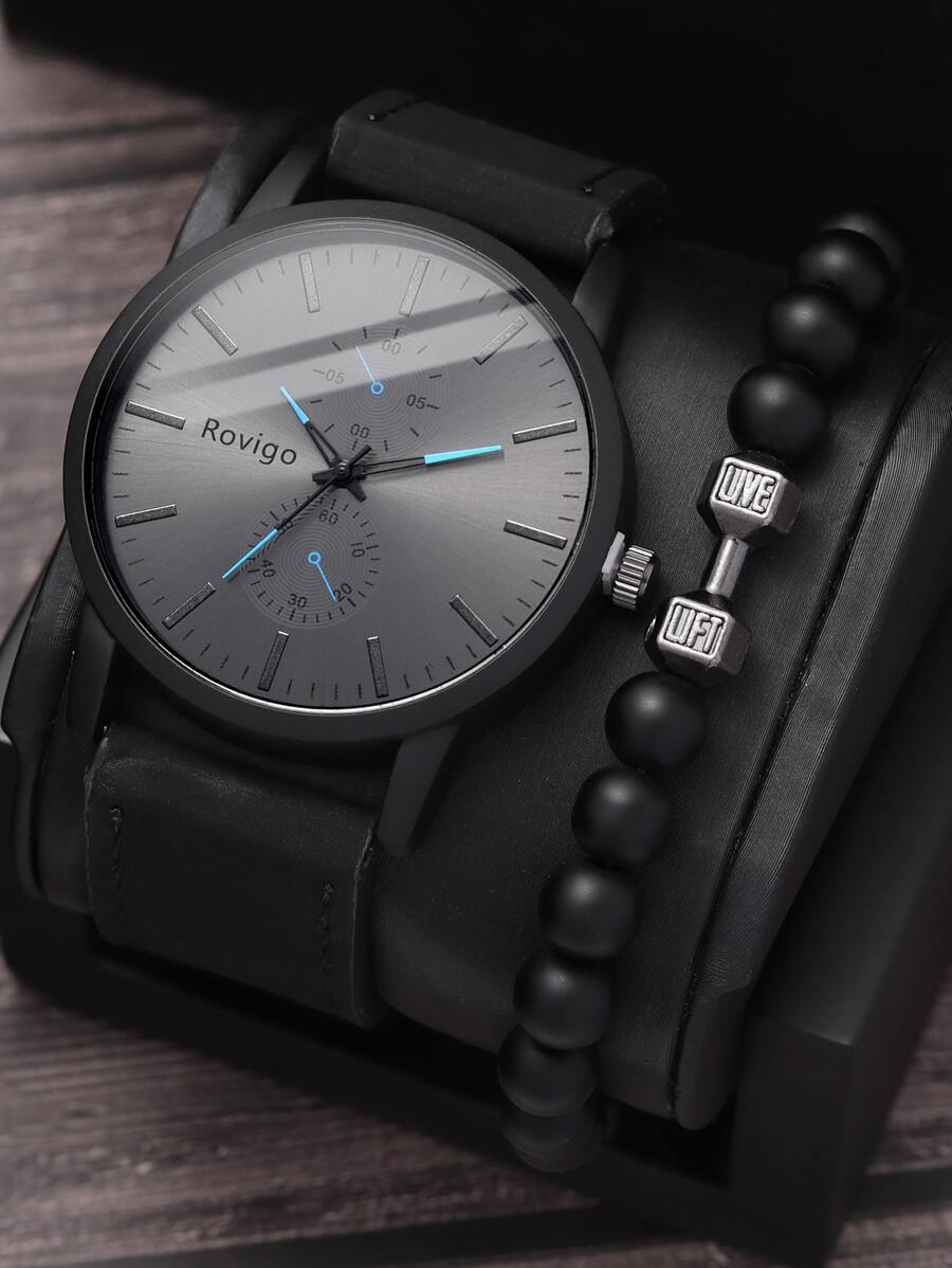 1pc Men Minimalist Quartz Watch & 1pc Bracelet - Black - View 1