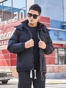 Men Letter Graphic Drawstring Hem Padded Coat - Black - View 2