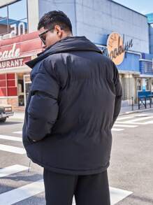 Men Letter Graphic Drawstring Hem Padded Coat - Black - View 3