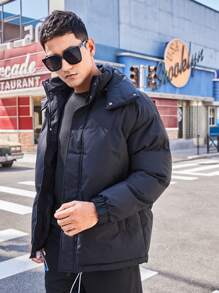 Men Letter Graphic Drawstring Hem Padded Coat - Black - View 6