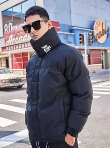 Men Letter Graphic Drawstring Hem Padded Coat - Black - View 1