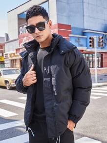 Men Letter Graphic Drawstring Hem Padded Coat - Black - View 8