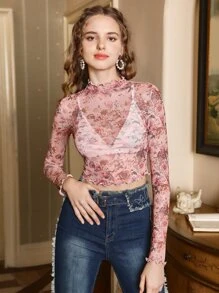 SHEIN MOD Mock Neck Floral Print Lettuce Trim Sheer Top Without Bra - Multicolor - View 1