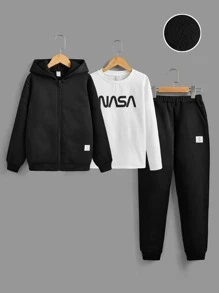 SHEIN Tween Boy Letter Graphic Thermal Hooded Sweatshirt & Patched Detail Sweatpants & Pullover - Black and White - View 1