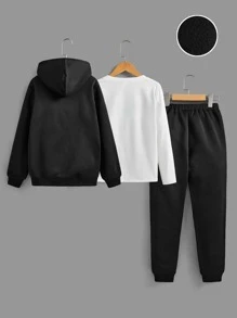 SHEIN Tween Boy Letter Graphic Thermal Hooded Sweatshirt & Patched Detail Sweatpants & Pullover - Black and White - View 2