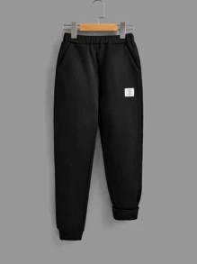 SHEIN Tween Boy Letter Graphic Thermal Hooded Sweatshirt & Patched Detail Sweatpants & Pullover - Black and White - View 7