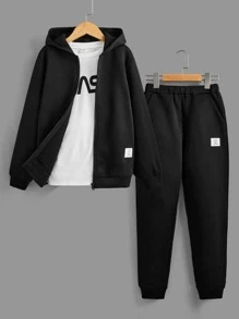 SHEIN Tween Boy Letter Graphic Thermal Hooded Sweatshirt & Patched Detail Sweatpants & Pullover - Black and White - View 9
