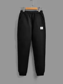 SHEIN Tween Boy Letter Graphic Thermal Hooded Sweatshirt & Patched Detail Sweatpants & Pullover - Black and White - View 12