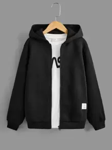 SHEIN Tween Boy Letter Graphic Thermal Hooded Sweatshirt & Patched Detail Sweatpants & Pullover - Black and White - View 14