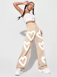 High Waist Heart Print Wide Leg Jeans - Apricot - View 1