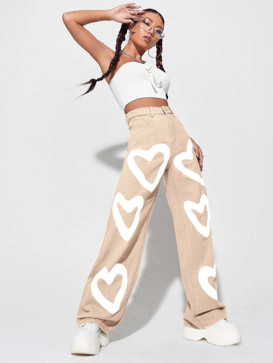 High Waist Heart Print Wide Leg Jeans - Apricot - View 1