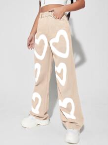 High Waist Heart Print Wide Leg Jeans - Apricot - View 3