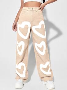 High Waist Heart Print Wide Leg Jeans - Apricot - View 4