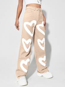 High Waist Heart Print Wide Leg Jeans - Apricot - View 5