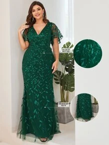 大码亮片网纱拼接荷叶袖连衣裙，优雅正式晚礼服，适合秋冬季婚礼宾客、毕业派对等场合 - 墨綠色 - 查看 6