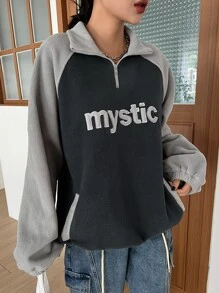 DAZY Letter Embroidery Raglan Sleeve Two Tone Quarter Zip Fleece Sweatshirt - Multicolor - View 1