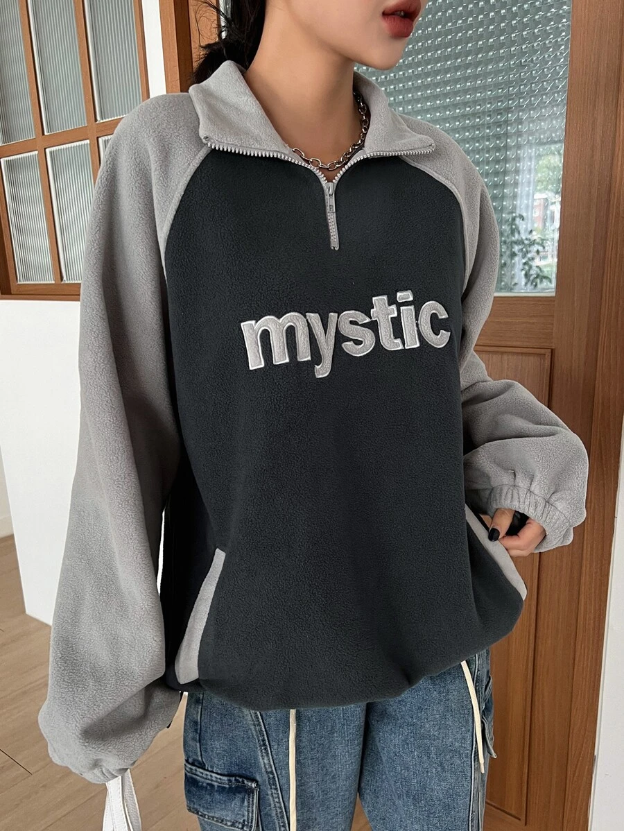 DAZY Letter Embroidery Raglan Sleeve Two Tone Quarter Zip Fleece Sweatshirt - Multicolor - View 1