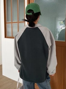 DAZY Letter Embroidery Raglan Sleeve Two Tone Quarter Zip Fleece Sweatshirt - Multicolor - View 2