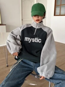 DAZY Letter Embroidery Raglan Sleeve Two Tone Quarter Zip Fleece Sweatshirt - Multicolor - View 8