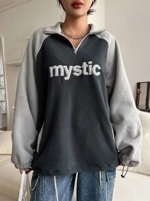 DAZY Letter Embroidery Raglan Sleeve Two Tone Quarter Zip Fleece Sweatshirt - Multicolor - View 4