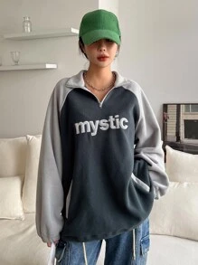 DAZY Letter Embroidery Raglan Sleeve Two Tone Quarter Zip Fleece Sweatshirt - Multicolor - View 5