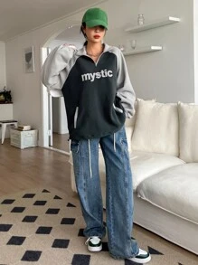 DAZY Letter Embroidery Raglan Sleeve Two Tone Quarter Zip Fleece Sweatshirt - Multicolor - View 6