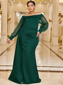 YISIKADO Vestido de hombros descubiertos de malla en contraste bajo sirena - Verde Oscuro - Ver 1