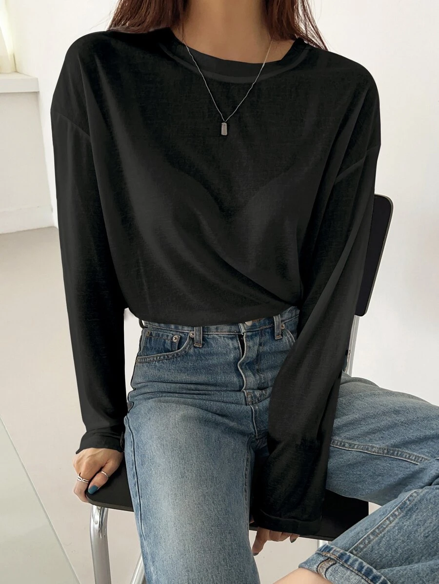 DAZY Camiseta de hombros caídos unicolor - Negro - Ver 1