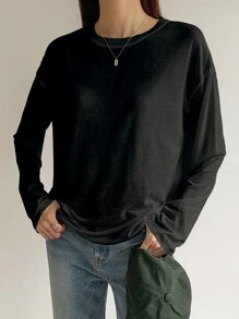 DAZY Camiseta de hombros caídos unicolor - Negro - Ver 3