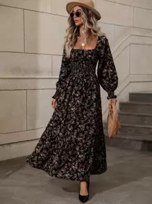 SHEIN Clasi Đầm Maxi Cổ Vuông In Hoa Tay Dài Cho Nữ - màu đen - Xem 4
