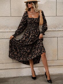 SHEIN Clasi Đầm Maxi Cổ Vuông In Hoa Tay Dài Cho Nữ - màu đen - Xem 6