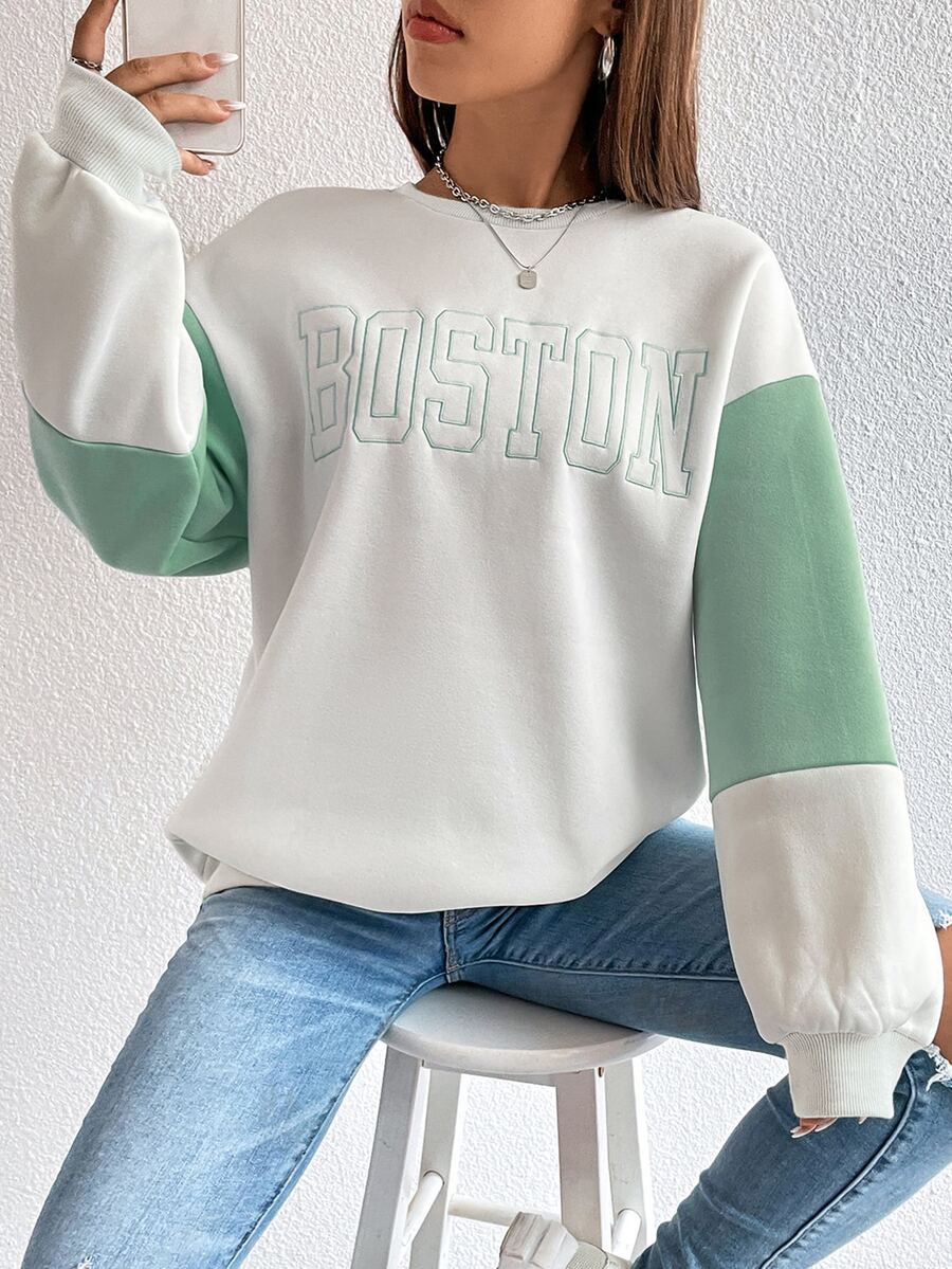 Sudadera con bordado de letra de color combinado de hombros caídos - verde menta - Ver 1
