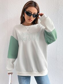 Sudadera con bordado de letra de color combinado de hombros caídos - verde menta - Ver 3