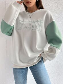 Sudadera con bordado de letra de color combinado de hombros caídos - verde menta - Ver 4