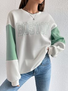 Sudadera con bordado de letra de color combinado de hombros caídos - verde menta - Ver 5