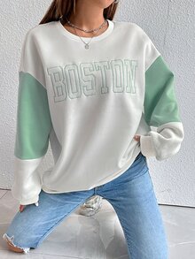 Sudadera con bordado de letra de color combinado de hombros caídos - verde menta - Ver 6