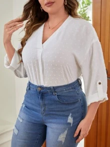 SHEIN LUNE Plus Swiss Dot Roll Tab Sleeve Blouse - White - View 6